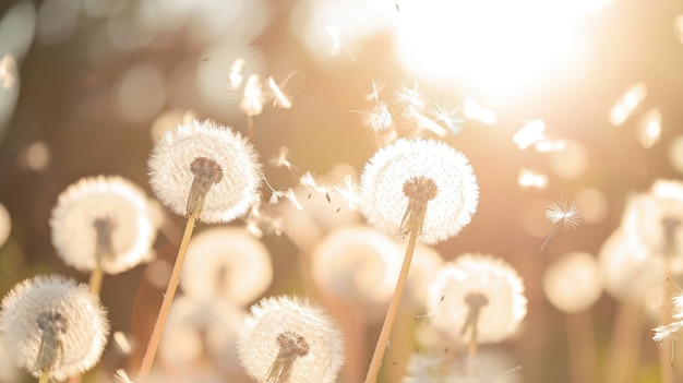 Foto cabeza de semilla de diente de león dispersando semillas en el viento fondo natural