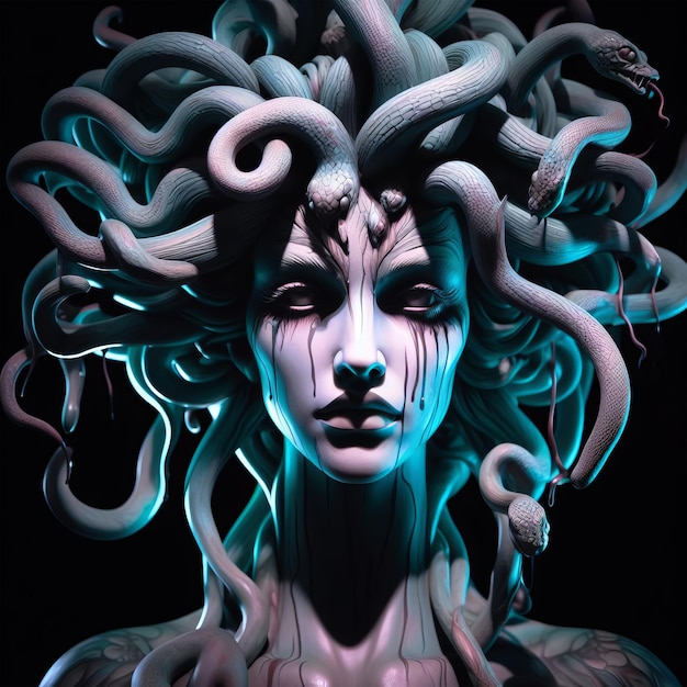 Foto cabeza de serpiente de medusa escultura de iluminación mística