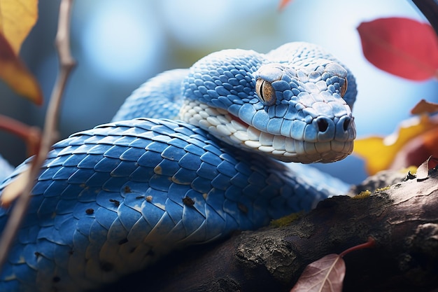 Cabeza de serpiente víbora azul Animal salvaje con mirada aguda en rama de árbol en día brillante