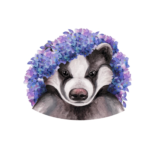 Cabeza de tejón en una corona de flores azules