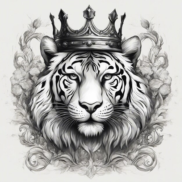 Una cabeza de tigre con corona logotipo elegante y noble sello adhesivo negro y blanco