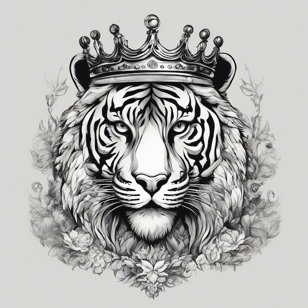 Una cabeza de tigre con corona logotipo elegante y noble sello adhesivo negro y blanco