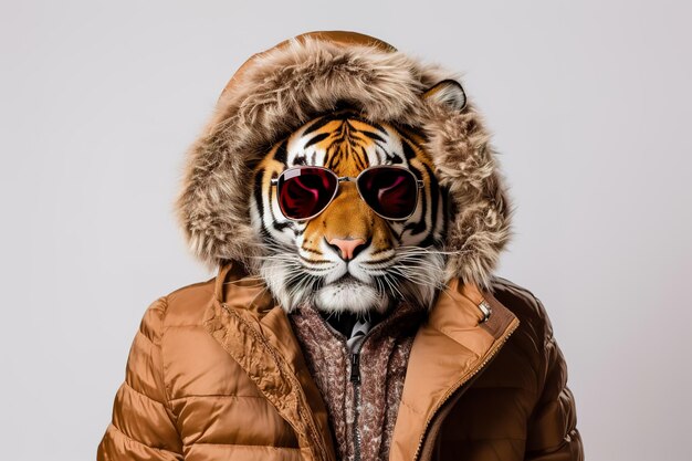 Foto cabeza de tigre con gafas de sol en el cuerpo humano de un hombre con ropa de invierno ia generativa