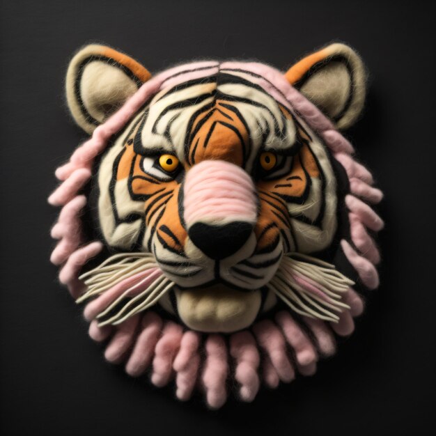 Una cabeza de tigre con una manta rosa en ella