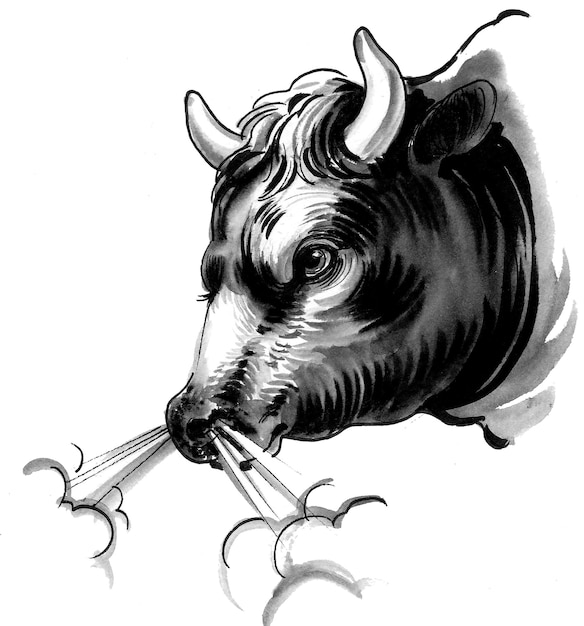 Cabeza de toro enojado. Dibujo a tinta en blanco y negro