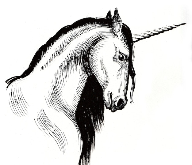 Cabeza de unicornio. Dibujo a tinta en blanco y negro