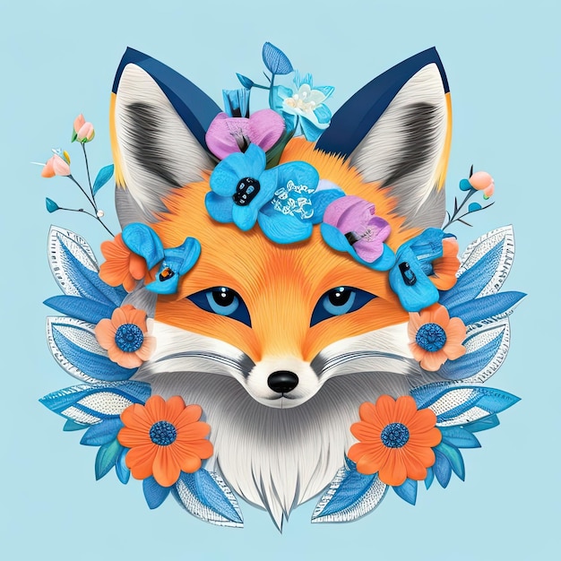 Cabeza de zorro vectorial con ilustración de flores