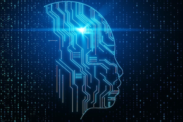 Cabezal de circuito abstracto sobre fondo de codificación AI y concepto de flujo de datos Representación 3D