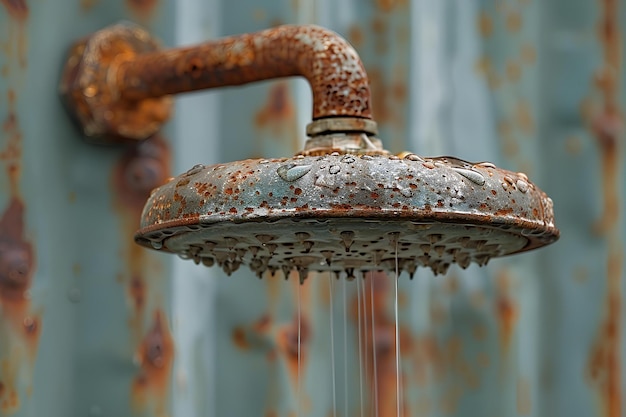 Un cabezal de ducha oxidado con un fondo metálico oxidado y tuberías metálicas oxidadas