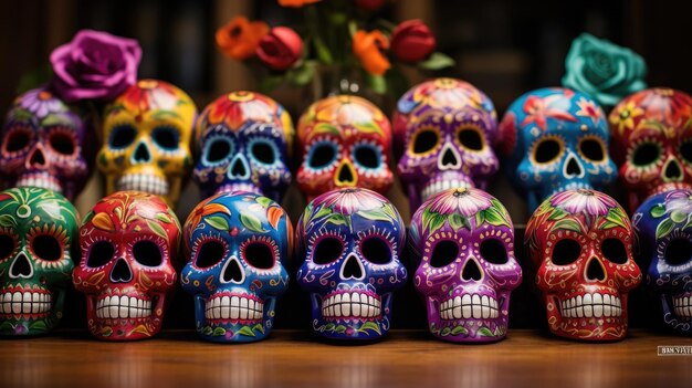 Cabezas de azúcar bellamente decoradas para la celebración del día de los muertos.