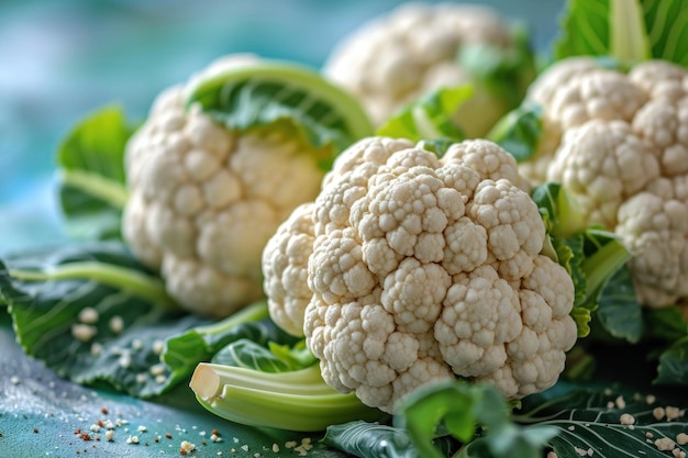 Cabezas de couve-flor frescas com folhas verdes de perto em um mercado de agricultores