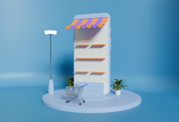 Cabina 3D para ventas comercialización tienda de ventas de comercio electrónico móvil en línea para carrito de compra