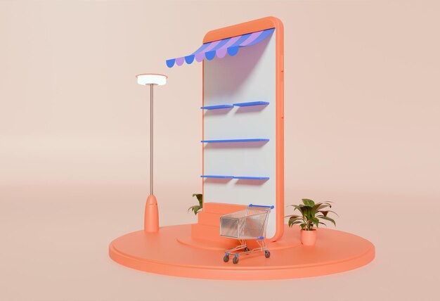 Cabina 3D para ventas comercialización tienda de ventas de comercio electrónico móvil en línea para carrito de compra