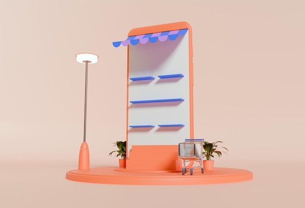 Cabina 3D para ventas comercialización tienda de ventas de comercio electrónico móvil en línea para carrito de compra
