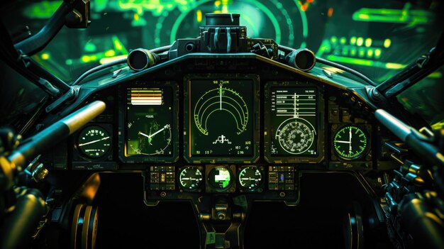 La cabina de un avión de combate futurista con estilo cyberpunk es un primer plano realista del panel de control