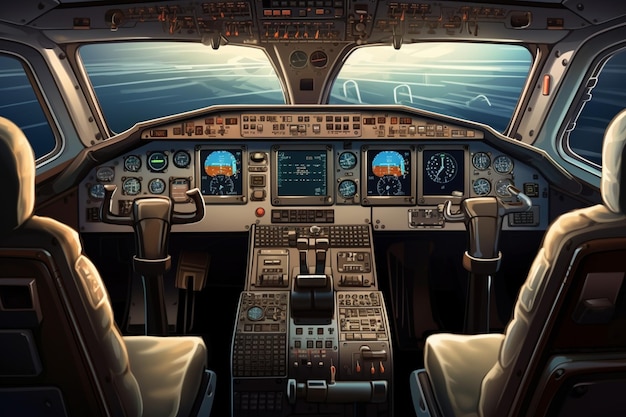 Foto cabina de avión vacía con parabrisas de brújula de radar y panel de control de navegación utilizado por el capitán