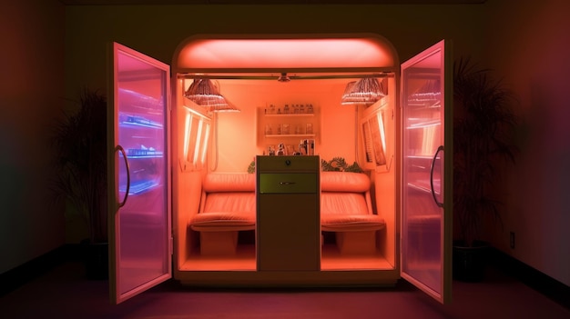 Cabina de bronceado con lámparas UV y productos de bronceado que crean un ambiente cálido generado por IA