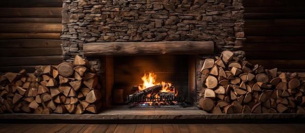 Foto cabina con chimenea y interior de madera