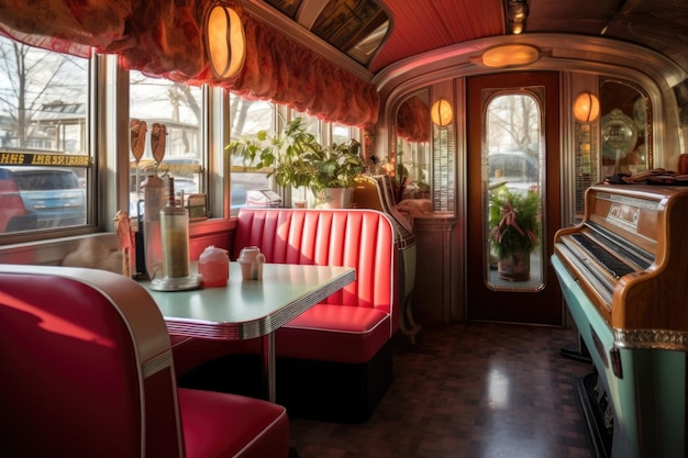 Foto cabina de comedor vintage con máquina de discos en la mesa creada con ai generativo