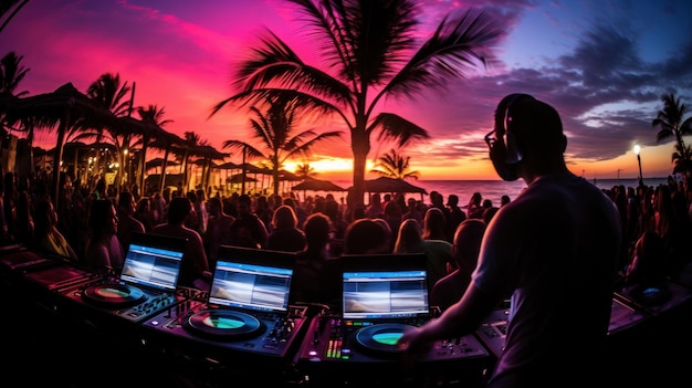 Foto una cabina de dj en la playa con una multitud de personas bailando y divirtiéndose en el fondo