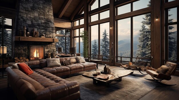 Foto cabina de montaña interior chimenea de piedra alfombras de peluche grandes ventanas con vista al bosque