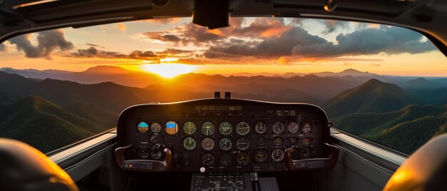 una cabina de un pequeño avión con el sol poniéndose detrás de él