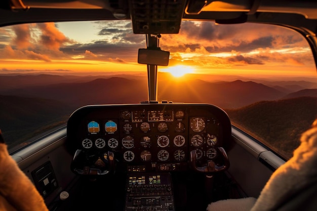 Foto una cabina de un pequeño avión con el sol poniéndose detrás de él