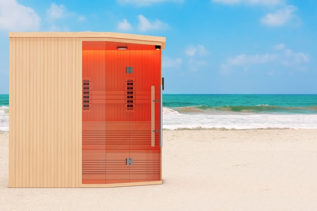 Cabina de sauna finlandesa de infrarrojos de madera clásica en el océano o la playa de arena de mar extreme closeup. Representación 3D