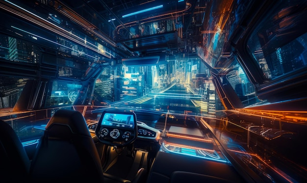 Cabina tecnológica de una nave espacial futurista Cabina espaciosa con asiento de piloto cómodo y parabrisas grande Ciudad de neón como telón de fondo IA generativa