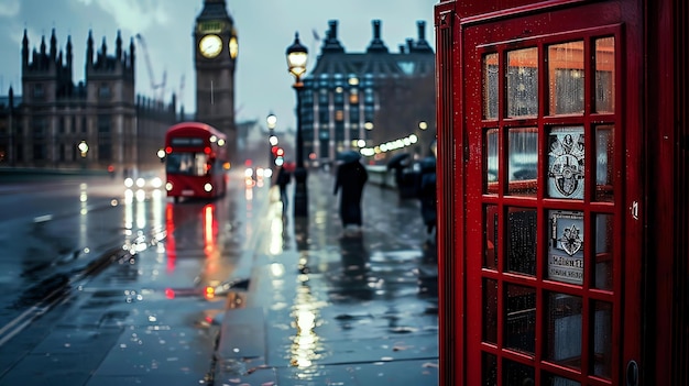 Una cabina telefónica roja se encuentra en una calle húmeda de la ciudad en un día de lluvia