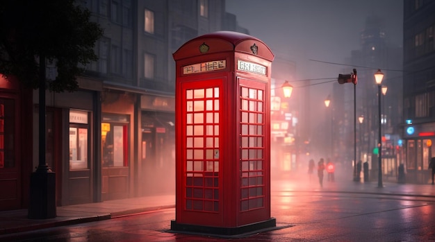 Cabina telefónica roja de nostalgia urbana en el corazón de la calle de la ciudad en medio de la modernidad