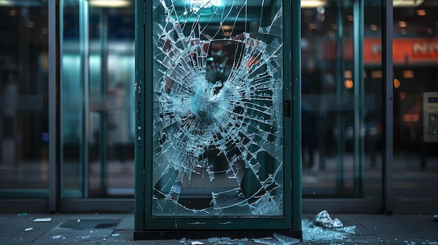 Foto cabina telefónica de vidrio destrozada en una concurrida calle de la ciudad por la noche