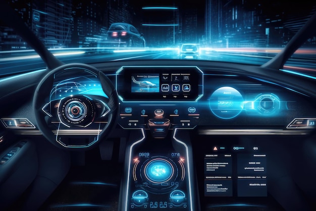 Cabina de vehículo autónomo futurista Tablero de instrumentos digital del automóvil IA generativa