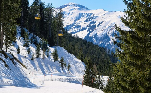 Cabinas amarillas de remonte con nieve y árboles debajo del cielo azul soleado sobre las pistas de esquí en las montañas de deportes de invierno