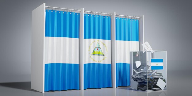 Cabinas de votación de Nicaragua con bandera del país y ilustración en 3D de las urnas de votación