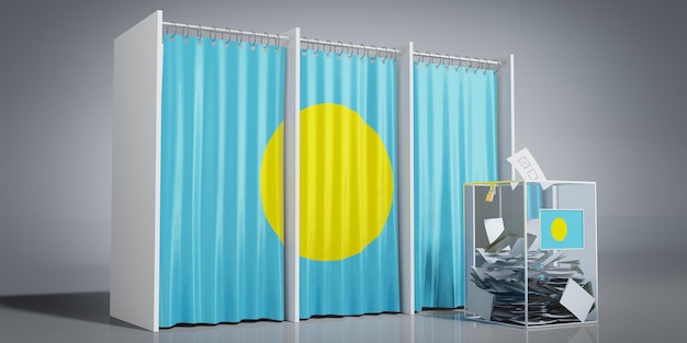 Cabinas de votación de Palau con bandera del país y ilustración en 3D de las urnas de votación