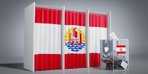 Cabinas de votación de la Polinesia Francesa con bandera del país y ilustración en 3D de la urna de votación