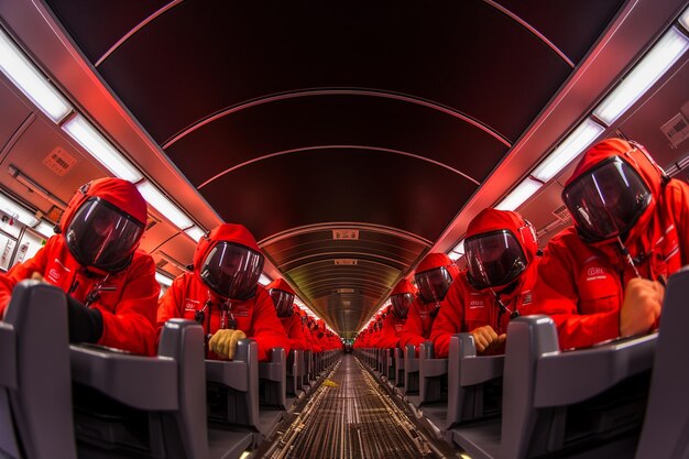 Foto cabine de avião com comissários de bordo demonstrando procedimentos de segurança