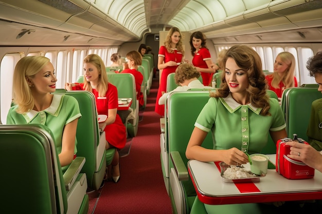 Foto cabine de avião com comissários de bordo servindo refeições