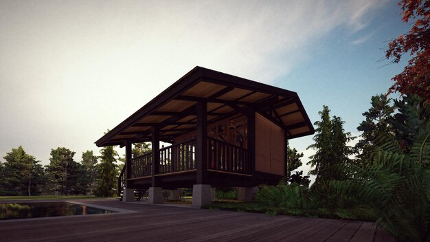 cabine de madeira em clima tropical renderização em 3d
