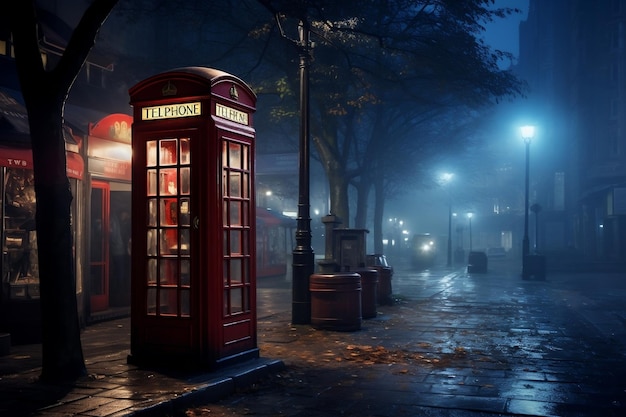 Cabine telefônica Crimson City Street em meio à paisagem urbana à noite IA generativa