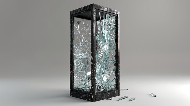 Cabine telefônica de vidro quebrado com um fundo grunge A cabine telefônica é feita de metal e tem uma única porta