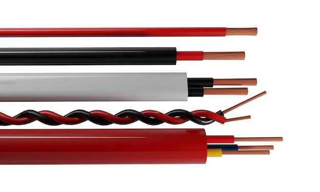 Foto cable de alta potencia 3d render colorido realista rojo azul blanco y amarillo cables de electricidad