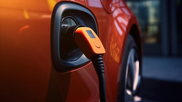 El cable de la bomba de energía conecta la carga de energía al vehículo eléctrico coche eléctrico con tecnología moderna