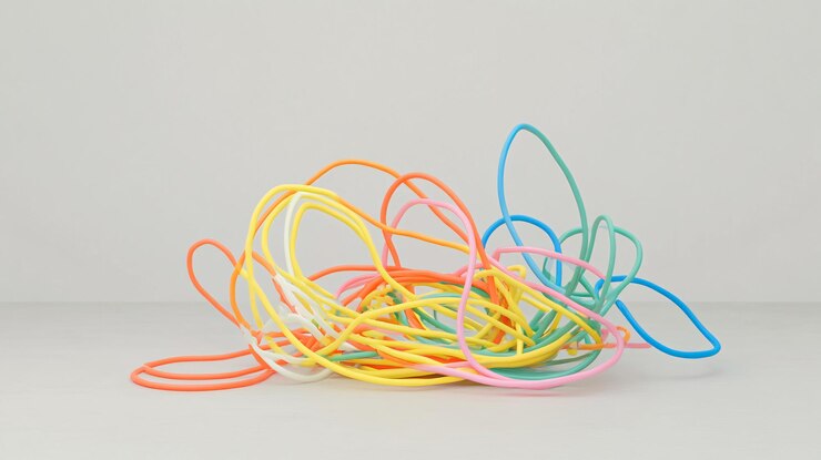 Foto un cable colorido desordenado que representa la confusión y el desorden sobre un fondo blanco