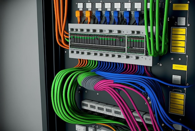 Cable e interruptor de panel de red de colores en el centro de datos IA generativa