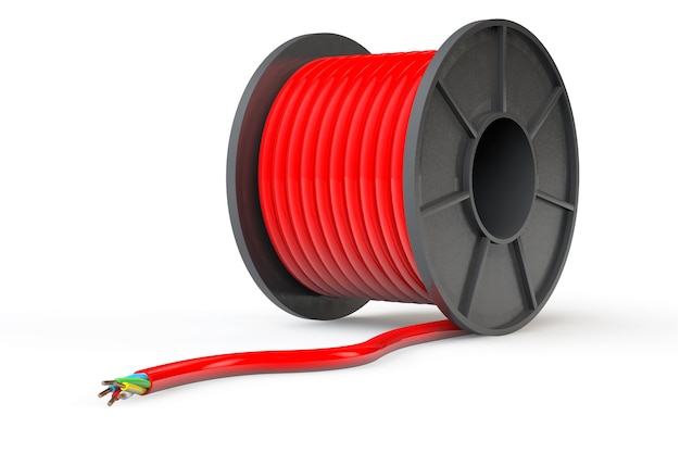 Cable eléctrico rojo sobre un fondo blanco.