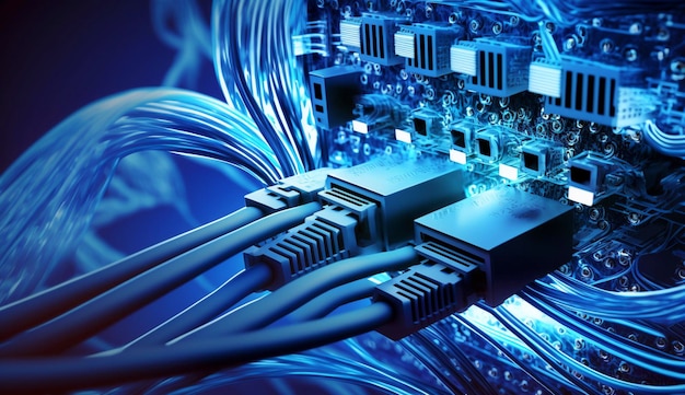 Cable ethernet de conexión de red LAN de Internet sobre fondo abstracto azul Ai generativo