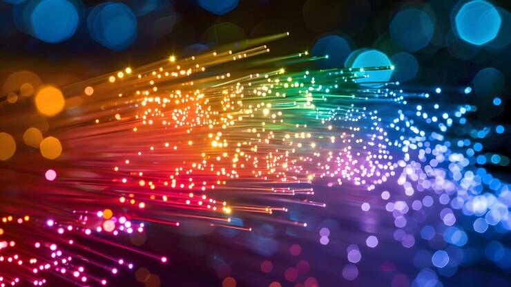 Foto un cable de fibra óptica con hilos de luz de colores