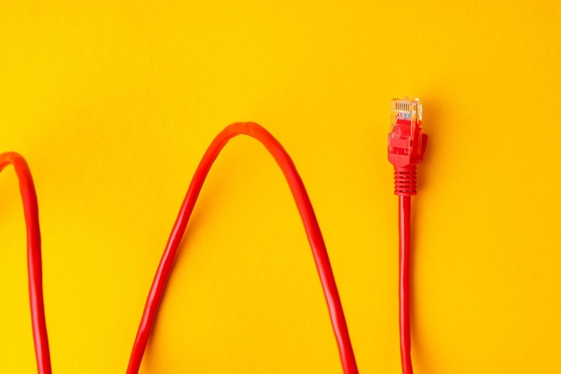 Foto cable de red en fondo amarillo toma de estudio